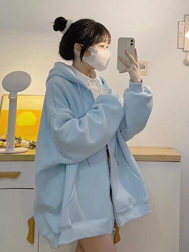 加绒加厚连帽卫衣女宽松开衫外套