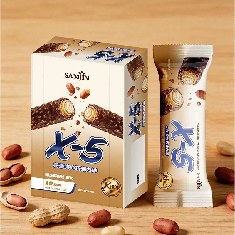 韩国进口三进x5巧克力棒36g原味香蕉奶油花生果仁夹心零食能量棒