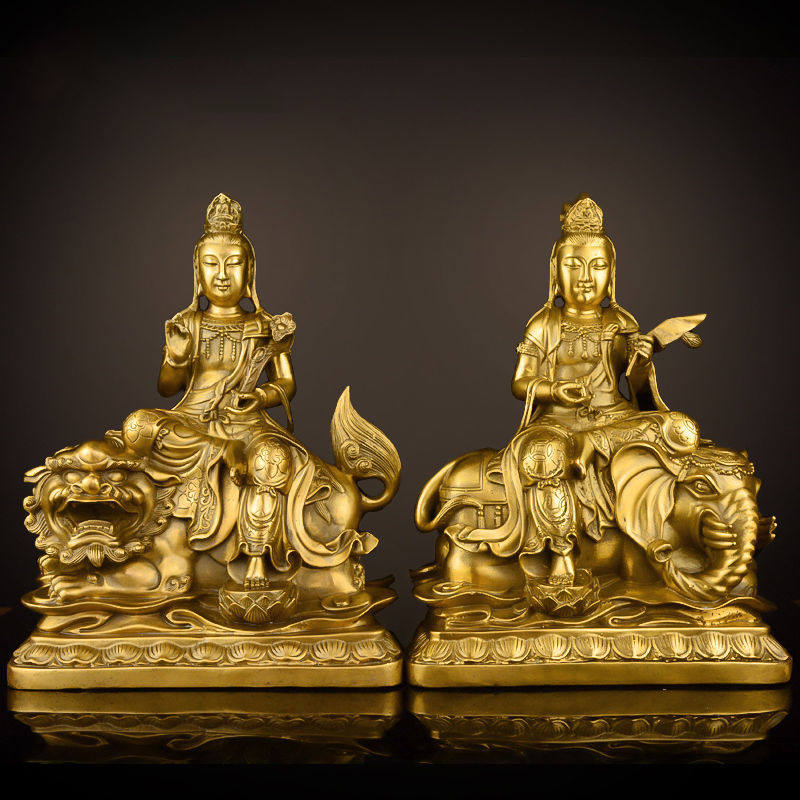 黄文殊普贤菩萨佛像黄铜家用居家大号普贤菩萨华严三圣菩萨佛像摆