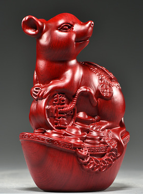 红色木雕鼠摆件动物十二生肖木质鼠家居补角吉祥物装饰红木工艺品