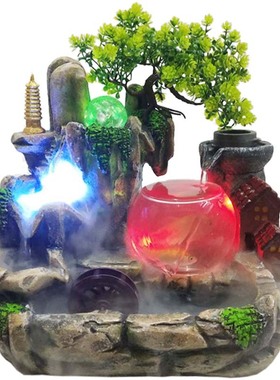 假山流水喷泉 鱼缸室内办公室雾化桌面盆景 家居装饰树脂流水摆件