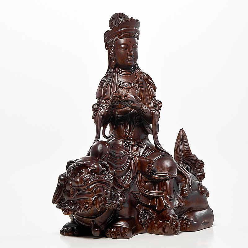 黑檀木文殊普贤菩萨佛像摆件属龙蛇本命佛华严三圣家居装饰工艺品