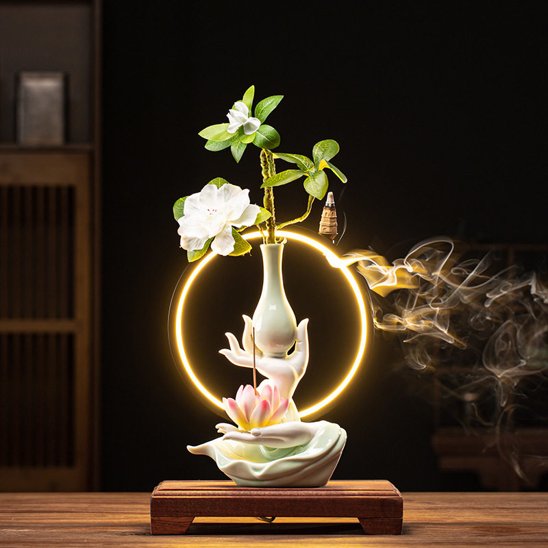 创意陶瓷水培花器禅意佛手莲心家用线香熏炉莲花香插家居装饰摆件