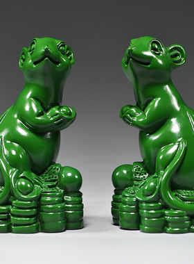 绿色木雕鼠摆件十二生肖木质鼠雕刻家居补角吉祥物风水红木工艺品