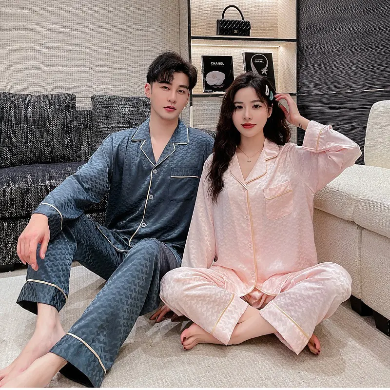 春秋男女款休闲时尚纯色长袖丝绸睡衣韩版情侣薄款开衫提花家居服