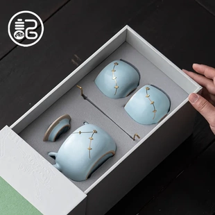 开片可养 功夫茶具套装 锔钉工艺 提梁壶 汝窑一壶二杯