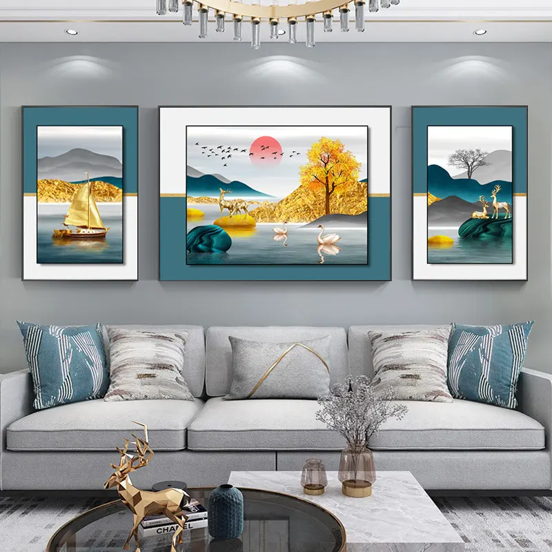 现代简约客厅装饰画框中框三联画晶瓷镶钻立体挂画沙发背景墙壁画图片