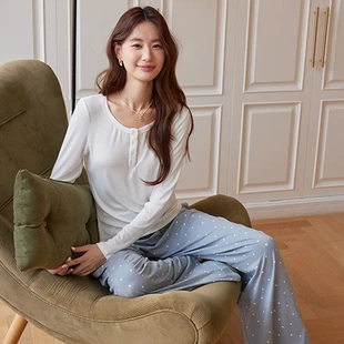 棉质睡衣圆领半开扣宽松波点简约休闲家居服套装 新款 可外穿