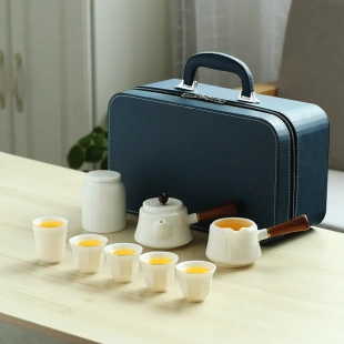 侧把茶壶家用简约便携泡茶器 德化白瓷旅行功夫茶具羊脂玉描金日式