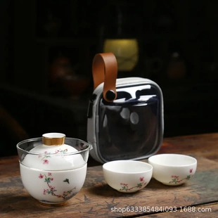 家用泡茶三才盖碗旅行茶具套装 羊脂玉户外便携旅行收纳白瓷小套装