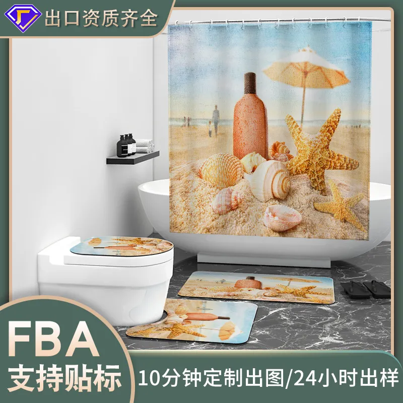 跨境新品浴室帘数码印花淋浴帘沙滩海边海星浴帘卫生间浴室隔断帘