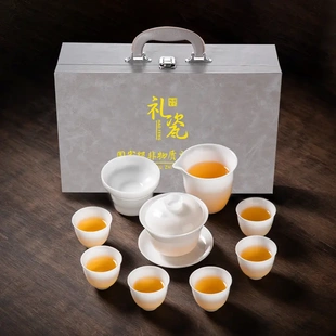 整套轻奢高档白瓷泡茶盖碗茶杯礼品 豪峰冰种羊脂玉瓷功夫茶具套装