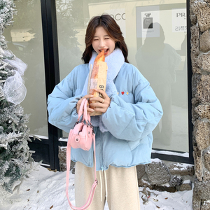 韩系配围脖灯芯绒羽绒服外套女秋冬2025新款黄色白鸭绒爆款面包服