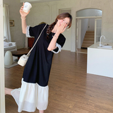 网纱拼接黑色连衣裙女夏小众设计感鱼尾t恤裙网红爆款极简超好看，女装连衣裙，丽人依阁