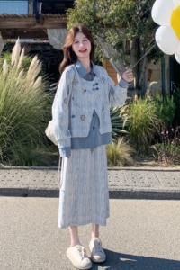 2604p185k298假两件条纹拼接套装女2026春季新款半身裙两件套图片