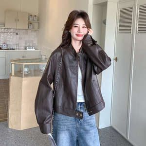 2602p155k248褐色立领机车皮衣外套女2026春季时髦减龄pu夹克图片