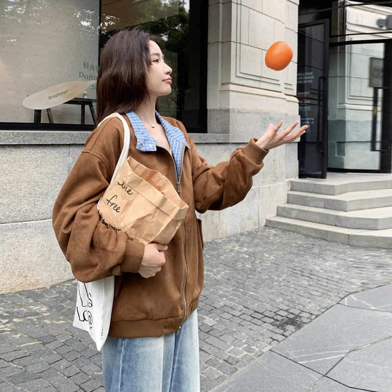 现货2536kp135k08格子拼接麂皮绒外套女款秋季棒球服休闲夹克,女装短外套,丽人依阁