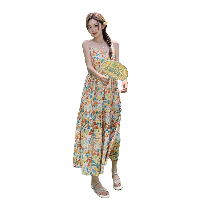 海边度假碎花吊带连衣裙女2025夏季新款法式温柔风别致绝美沙滩裙,女装连衣裙,丽人依阁