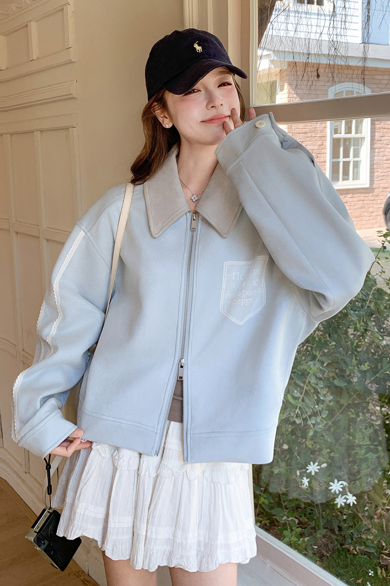 超好看蓝色翻领麂皮绒外套女春季2025新款韩系学院风休闲夹克上衣,女装短外套,丽人依阁