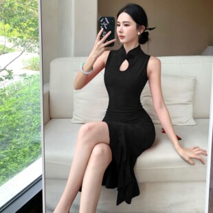 不规则显瘦紧身时尚 暗花性感无袖 包臀连衣裙 新中式 改良旗袍年轻款
