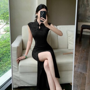 显瘦中长裙性感高开衩礼服连衣裙 旗袍黑色高级感修身 新中式 年轻款