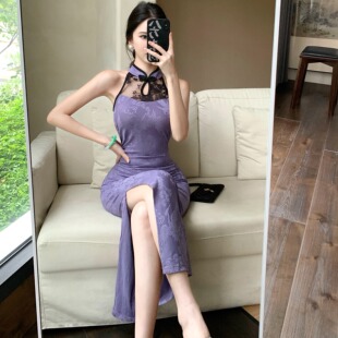 新中式 包臀收腰连衣裙夏 国风改良旗袍御姐风性感露肩暗花拼接无袖