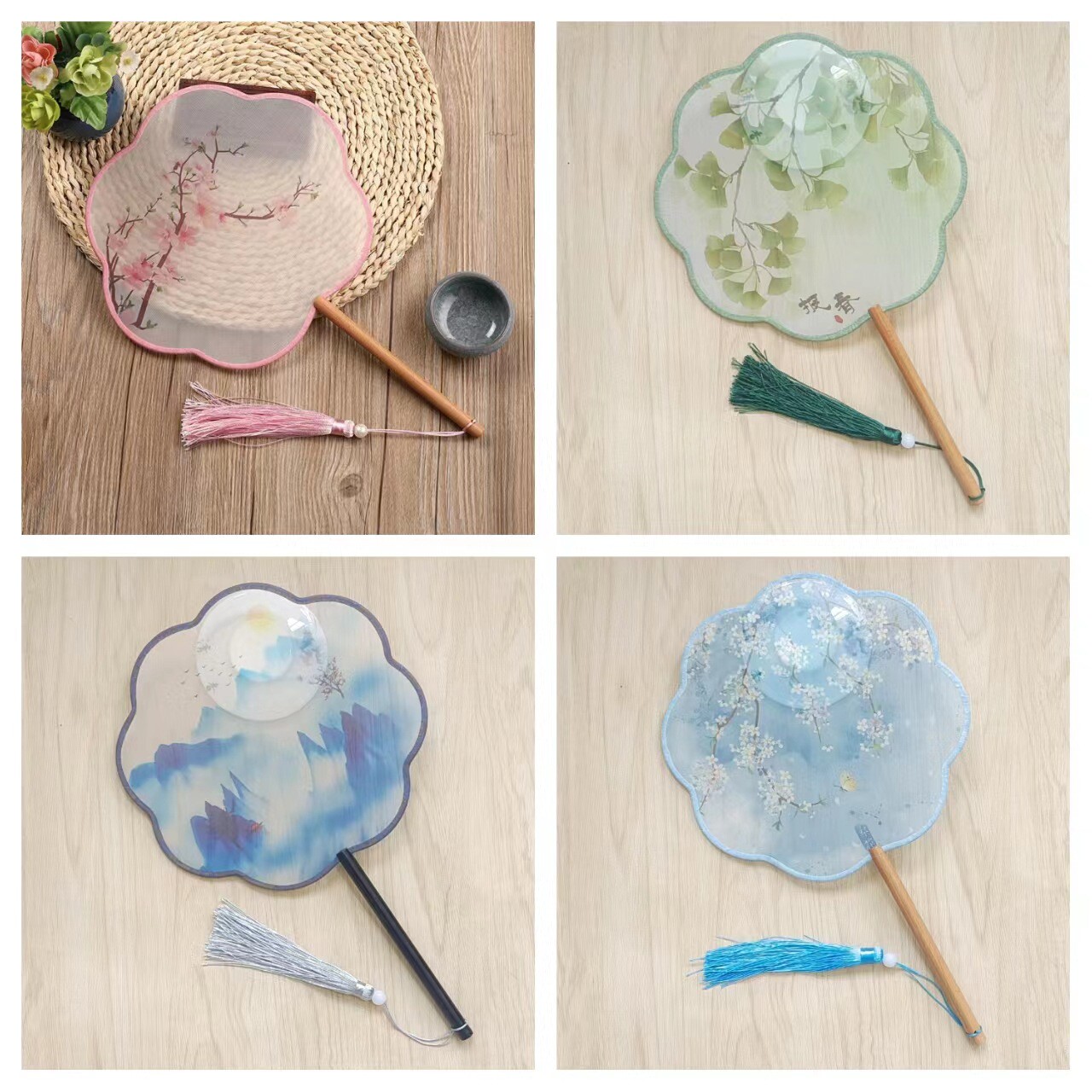 丝质半透印花古风团扇 中国风古典扇子 女式汉服国风团扇舞蹈扇