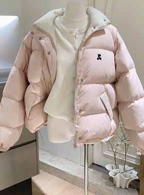 韩版 RR羽绒休闲淡粉色甜美宽松短款面包服纯色羽绒服冬季