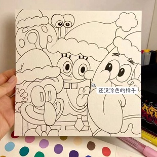 飾畫 海綿寶寶簡約現代油畫DIY手繪卡通動漫送人禮有框兒童解壓裝