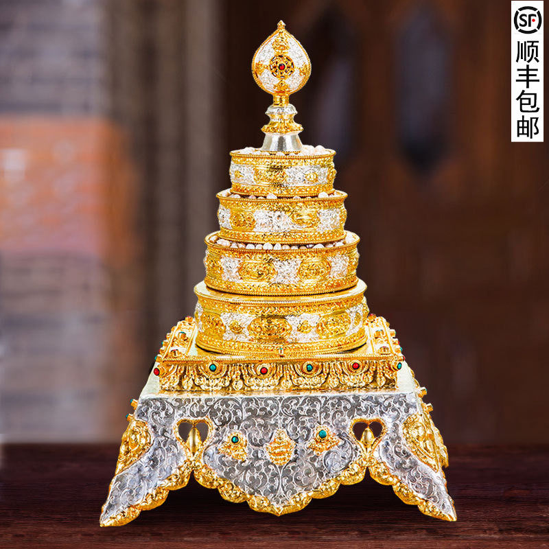 尼泊尔手工雕花曼扎盘纯铜八吉祥曼扎藏式鎏金鎏银密宗摆件