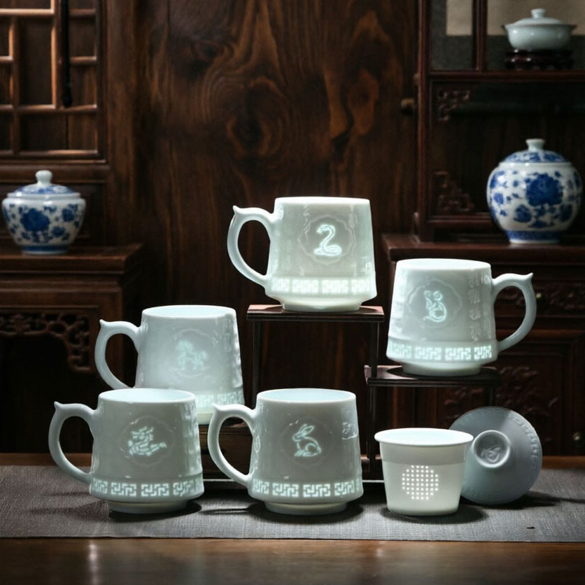 陶瓷玲珑茶杯青釉办公杯茶水分离