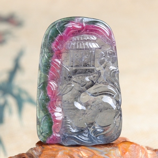 孤品天然传承级三色西瓜碧玺吊坠狐狸挂坠男女款 挂件饰品礼物