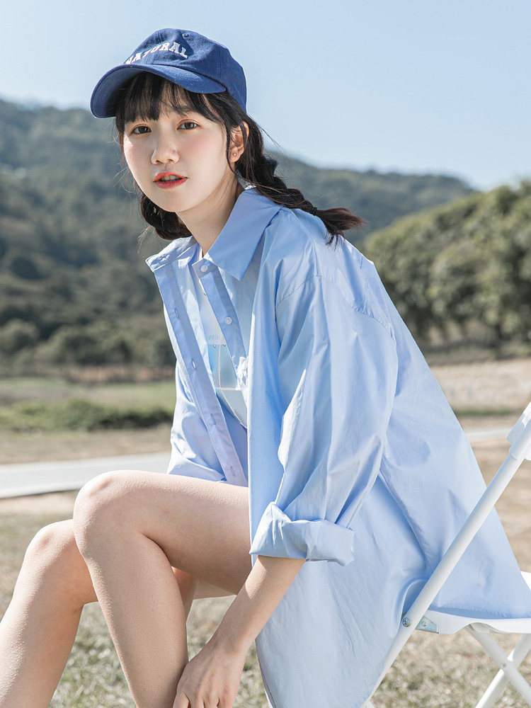 蓝色衬衫女春秋季新款百搭小清新上衣韩版宽松防晒衬衣外穿外套夏
