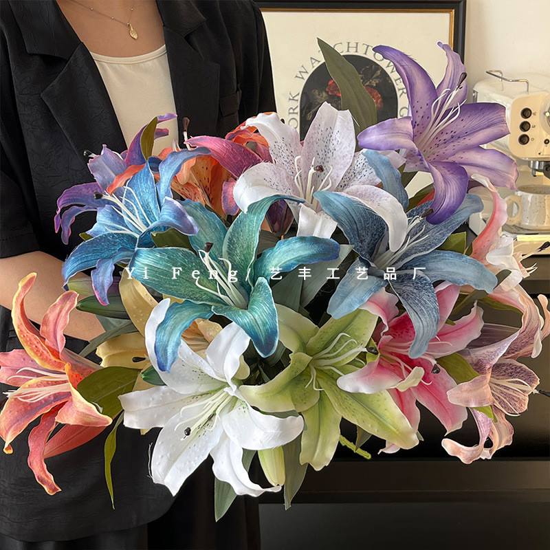 3单朵一花一蕾百合仿真花假花花材摆设家居装饰酒店布景影楼摄影