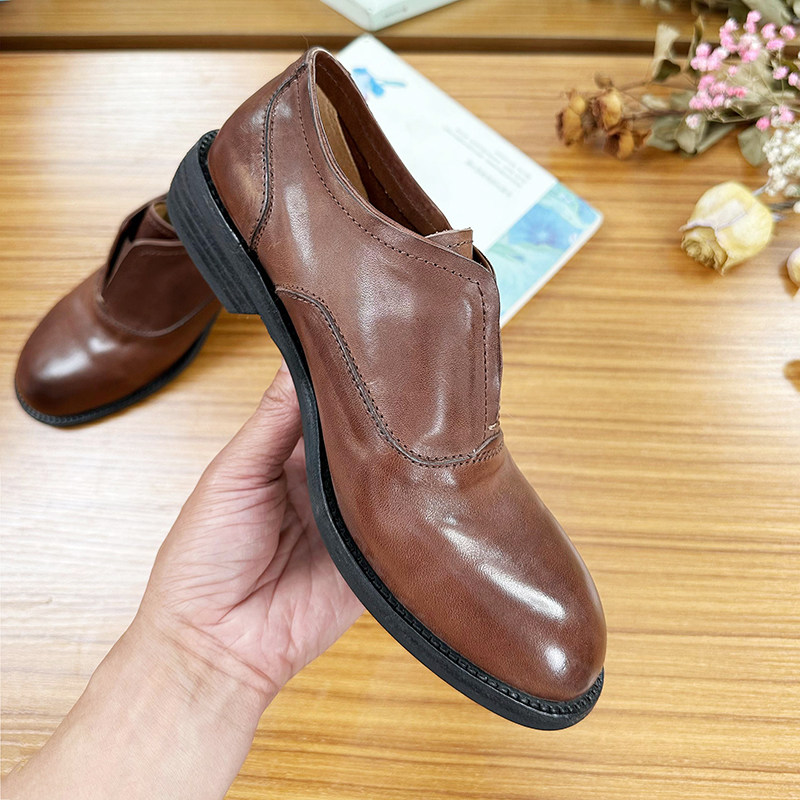 乐福鞋女2023新款英伦风水洗手工马皮女鞋咖色圆头牛津复古小皮鞋,女鞋,深口单鞋,淘宝优惠券,粉丝福利购,淘宝优惠卷