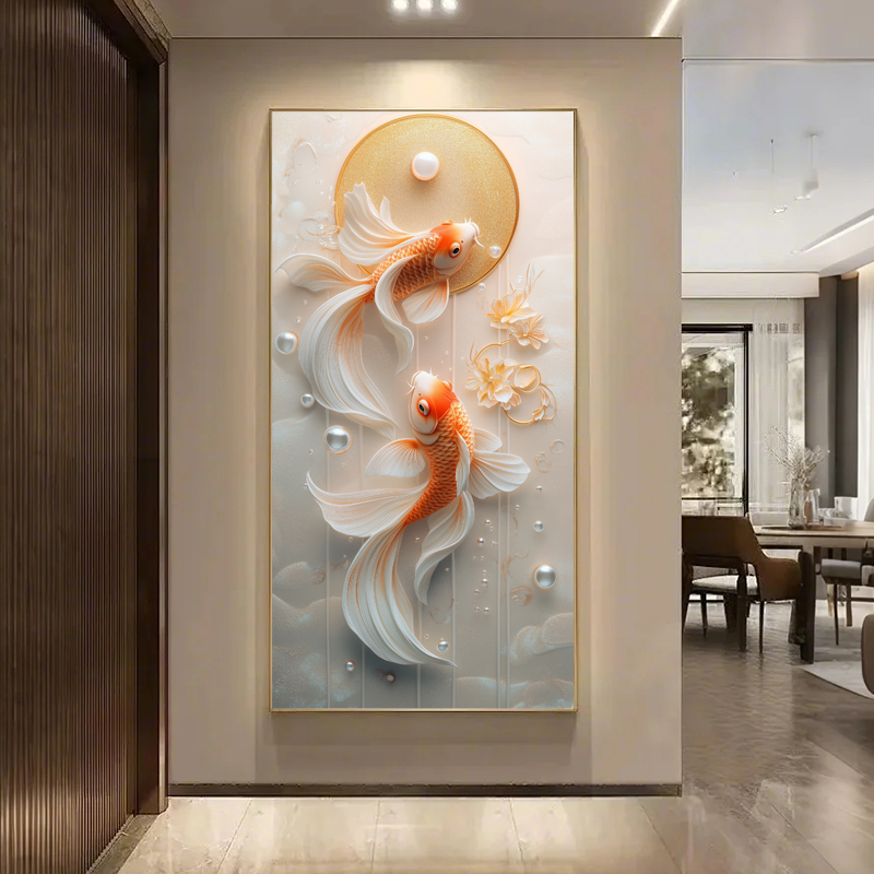 锦鲤现代竖版轻奢装饰画好运高级道感过临门led挂画玄关灯画走廊图片