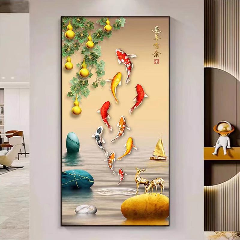 九鱼图玄关装饰画新中式入户挂画客厅走廊过道好寓意竖版轻奢壁画图片