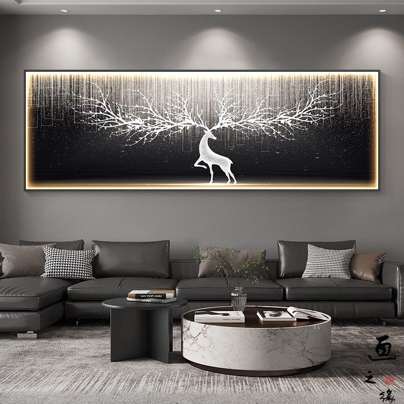 现代轻奢客厅装饰画卧室横版led灯画发光沙发背景墙挂画一鹿壁画图片