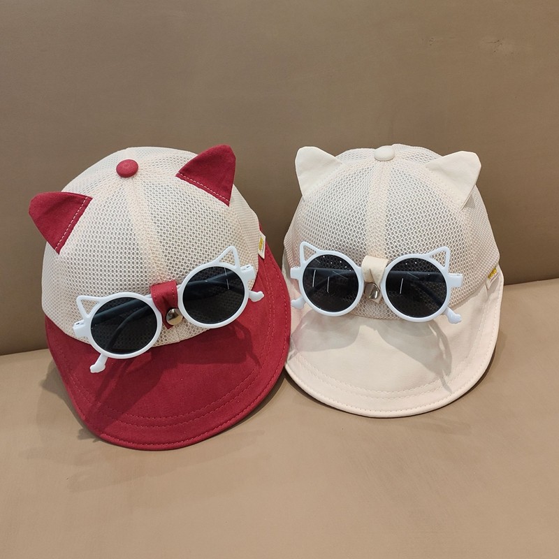 宝宝帽子夏季薄款遮阳网帽男女童可爱猫咪大檐渔夫帽太阳眼镜一体