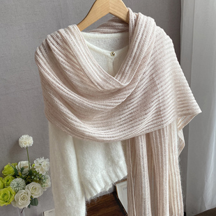浪漫别致软秋冬轻柔软糯100%羊毛针织围巾镂空时尚保暖披肩女米色