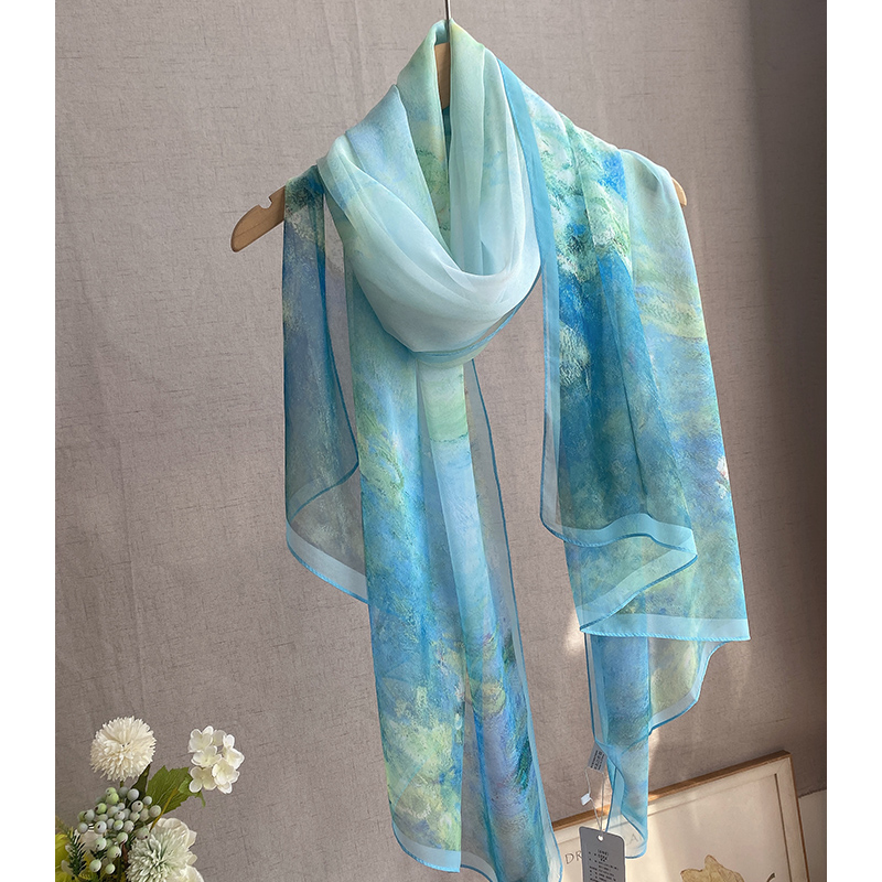 湖水蓝意境油画春秋长款丝巾女秋