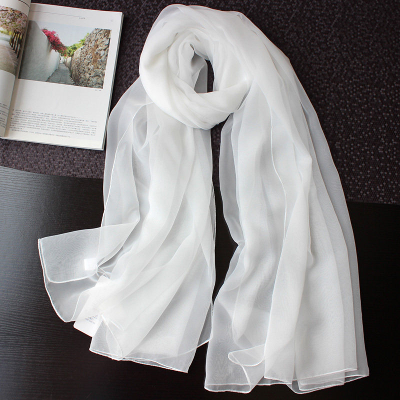 新款纯色丝巾女春秋白色长款薄纱巾大尺寸披肩时尚百搭优柔纱围巾