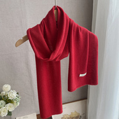 轻柔亲肤透气保暖100%羊毛针织红围巾春秋时尚 感红色围脖秋冬薄款