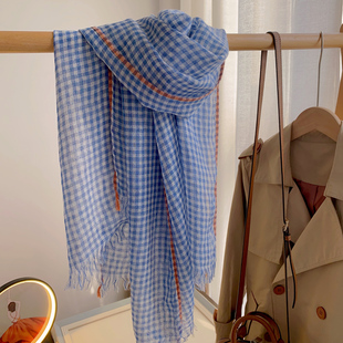 轻柔蓝色羊毛小方格子围巾长款女秋冬防晒纱巾薄披肩清新文艺百搭