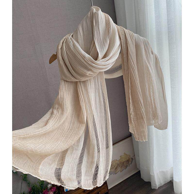 真丝棉麻拼接围巾绵柔丝巾2026新款文艺复古春秋长纱巾女秋冬护颈