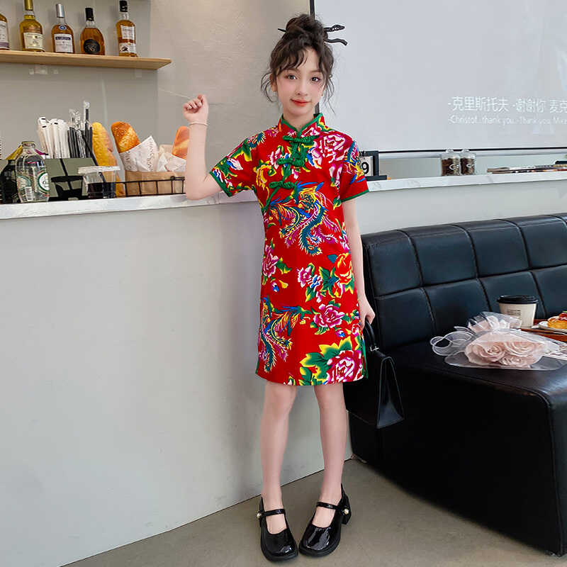 女童连衣裙夏季大童女孩民族风短袖旗袍裙夏款儿童东北大红花裙子