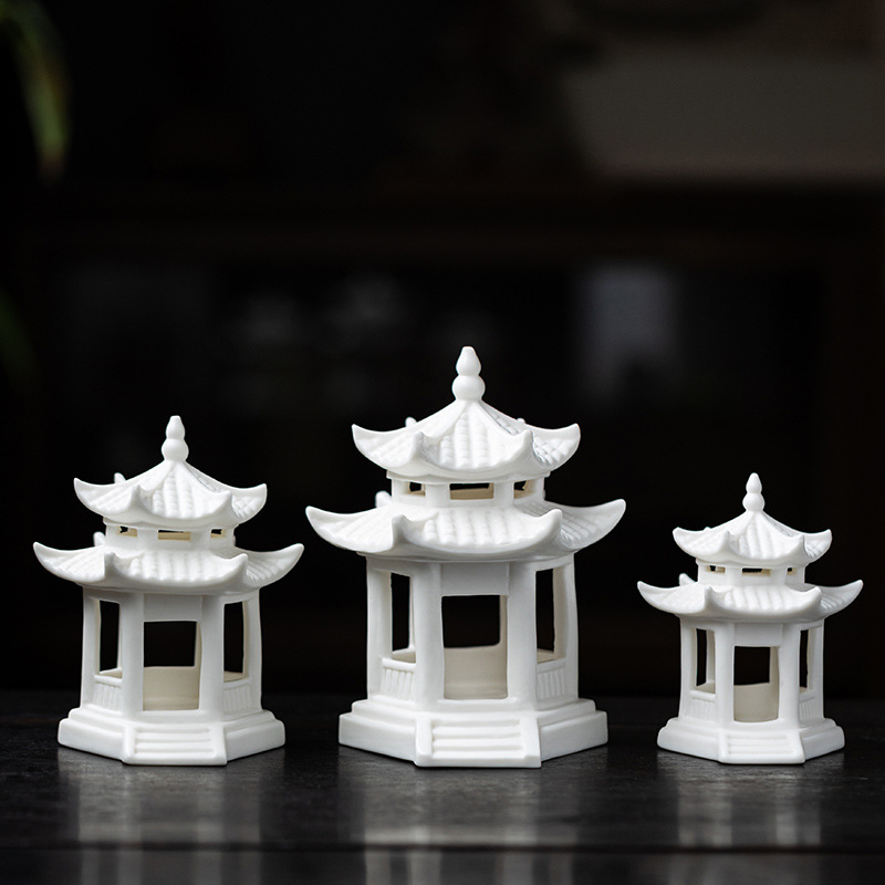 中式陶瓷仿真微缩古建筑房屋创意摆件微景观水族鱼缸假山庭院造景