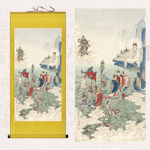 夏荆山四龙王朝拜观音佛像唐卡国画挂画人物佛像道场装饰画卷轴画