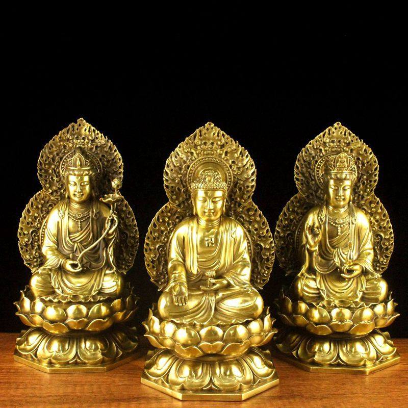 黄铜背光西方三圣铜佛像阿弥陀佛观音菩萨大势至菩萨供奉摆件
