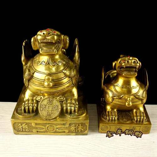 纯黄铜独角兽貔貅方座家居摆件 单角铜皮休金属怪兽
